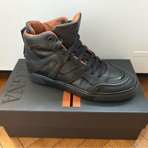 Ermenegildo Zegna Black Leather High-Top Sneakers with Tan Lining